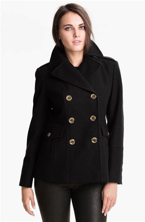 michael kors double breasted peacoat black|Michael Kors double breasted peacoat.